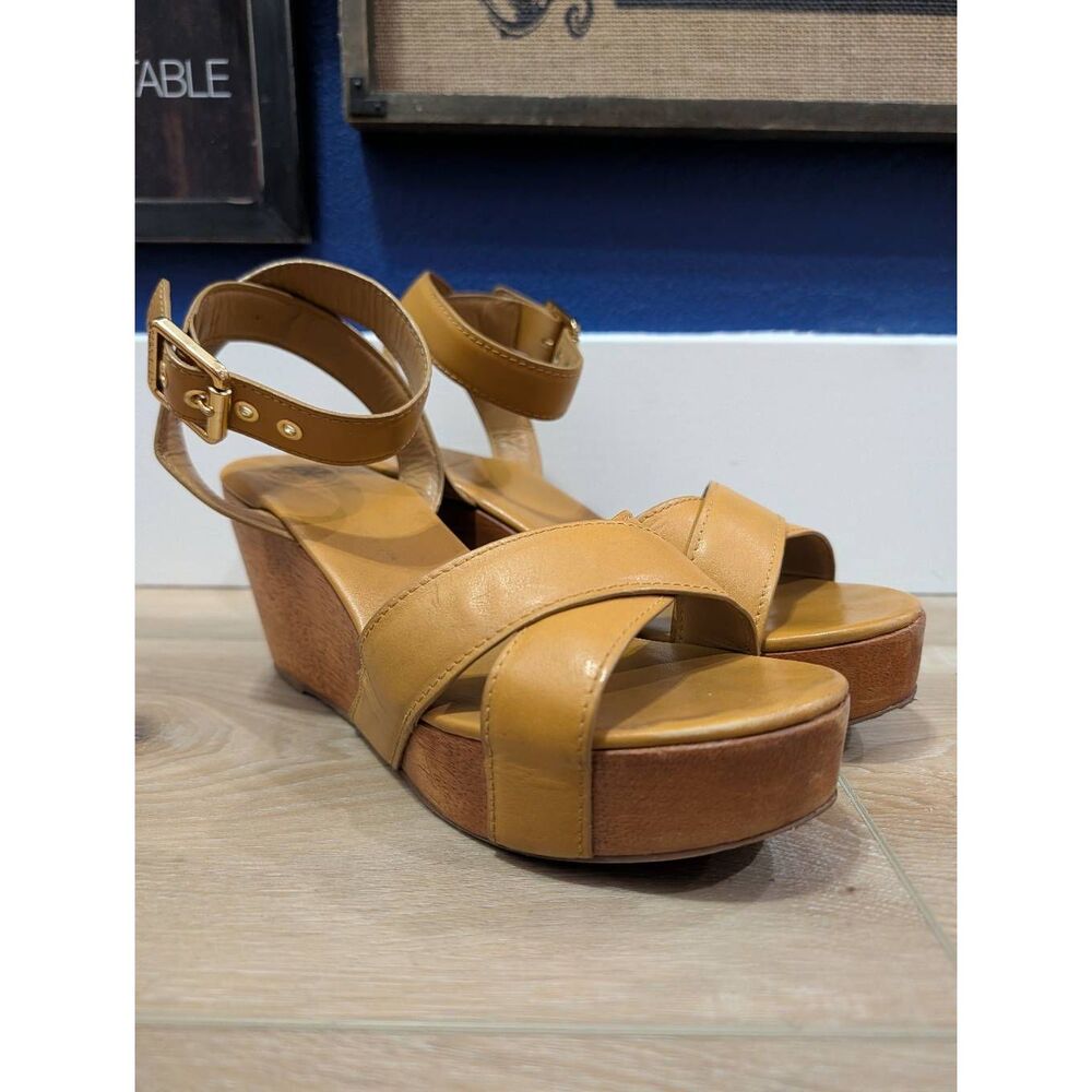 Tory Burch Almita Wooden Wedge Sandals Camel Tan Gold Women's 10 Platform